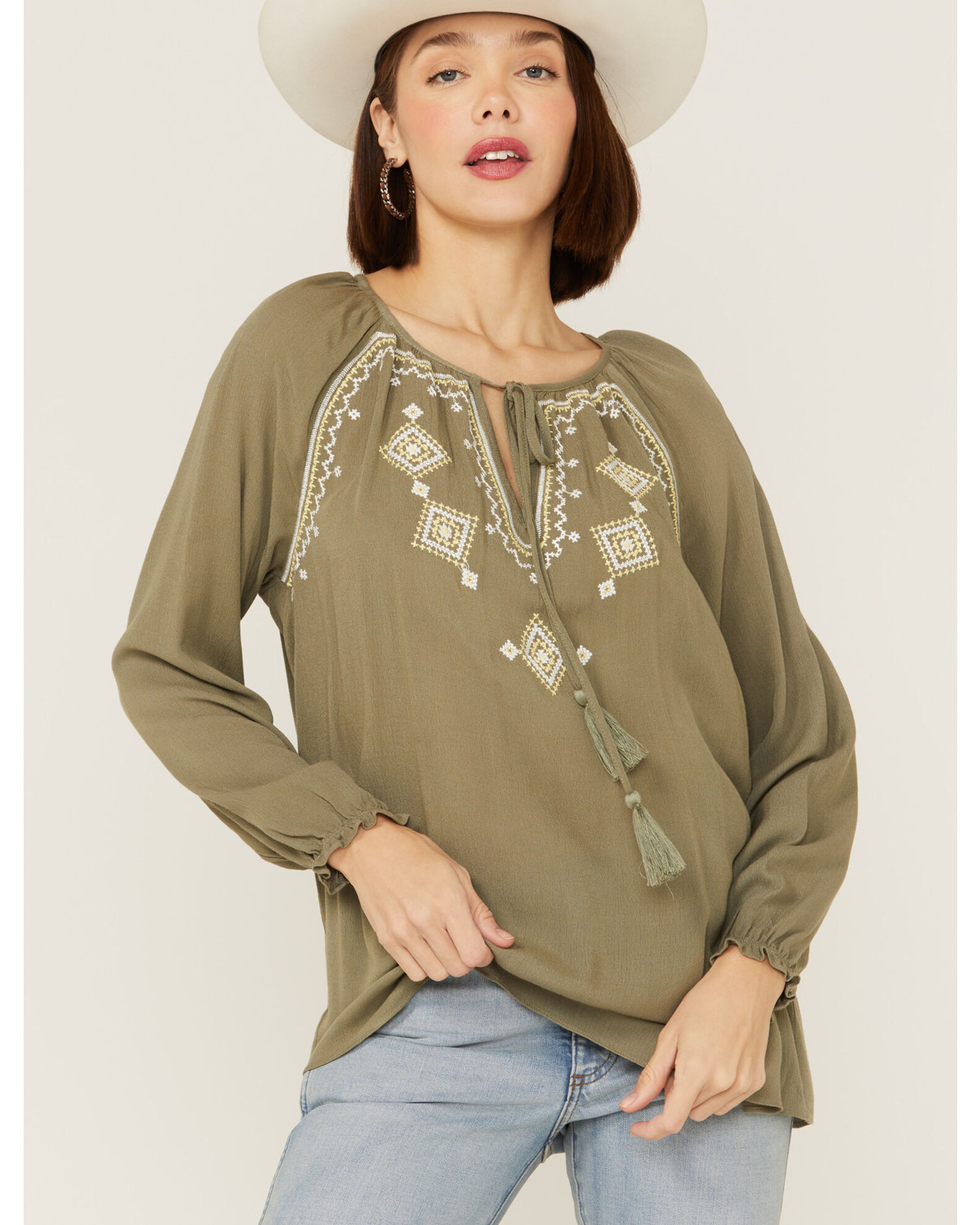 Image #1 - Miss Me Women's Olive Embroidered Southwestern Tassel Top, Olive, hi-res