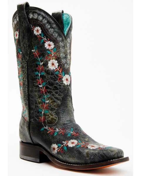 Corral Women's Floral Blacklight Western Boots - Square Toe , Black, hi-res