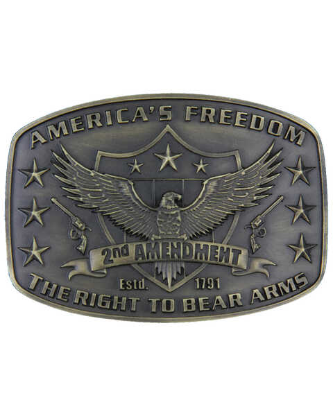 Image #1 - Montana Silversmiths Men's Second Amendment Heritage Attitude Belt Buckle, Gold, hi-res