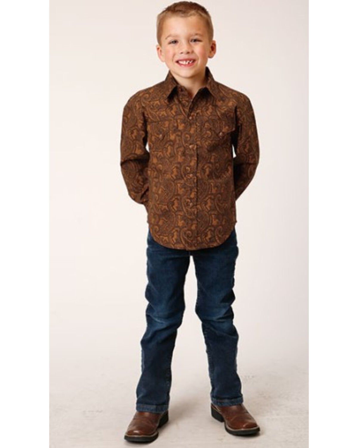 Image #3 - Roper Boys' Paisley Print Long Sleeve Snap Western Shirt, Brown, hi-res