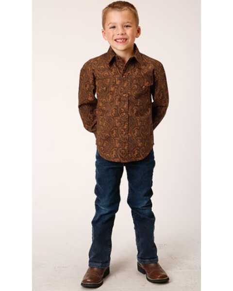 Image #3 - Roper Boys' Paisley Print Long Sleeve Snap Western Shirt , Brown, hi-res