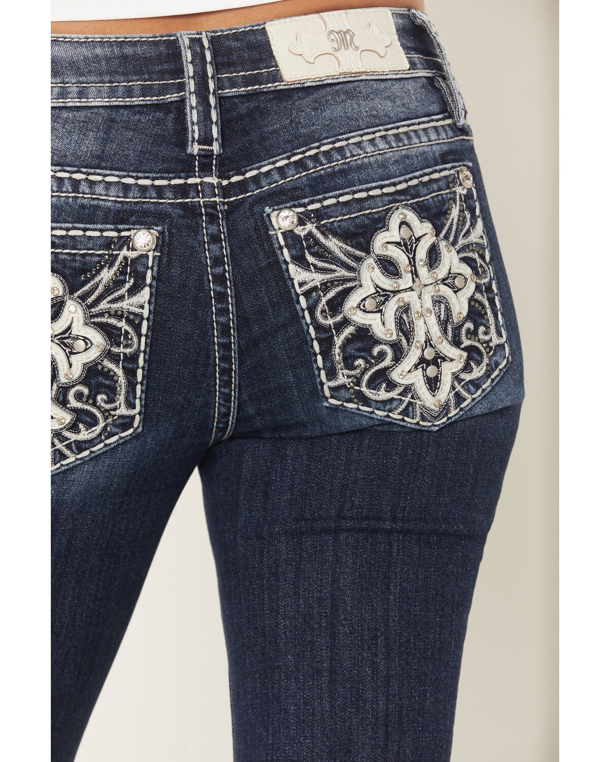 Image #2 - Miss Me Women's Dark Wash Mid Rise Faux Flap Pocket 32" Bootcut Stretch Denim Jeans, Dark Wash, hi-res