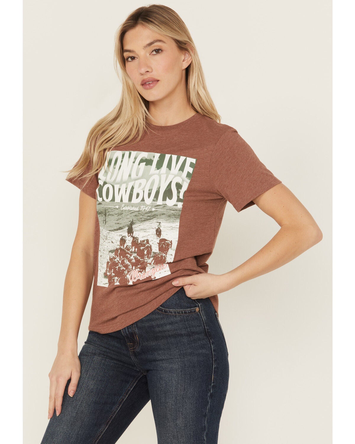 Wrangler Women's Long Live Short Sleeve Graphic Tee, Brown, hi-res