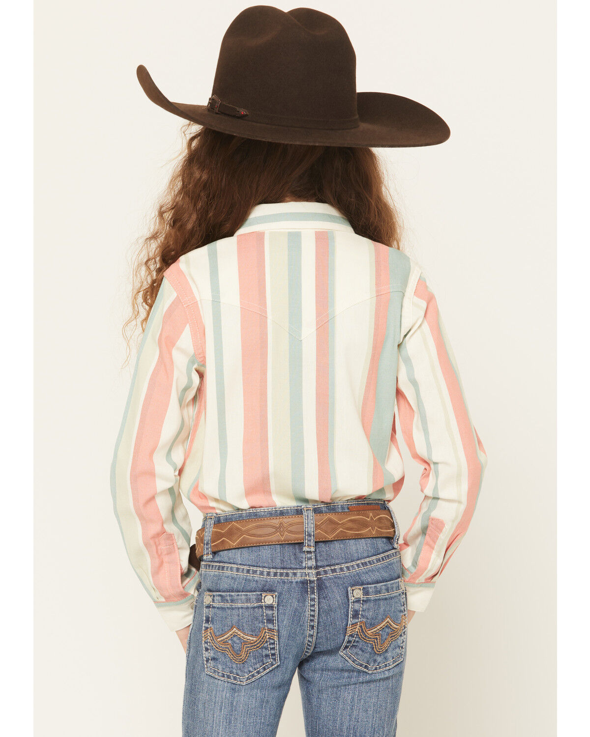 Image #4 - Wrangler Girls' Striped Print Long Sleeve Snap Western Shirt, Coral, hi-res