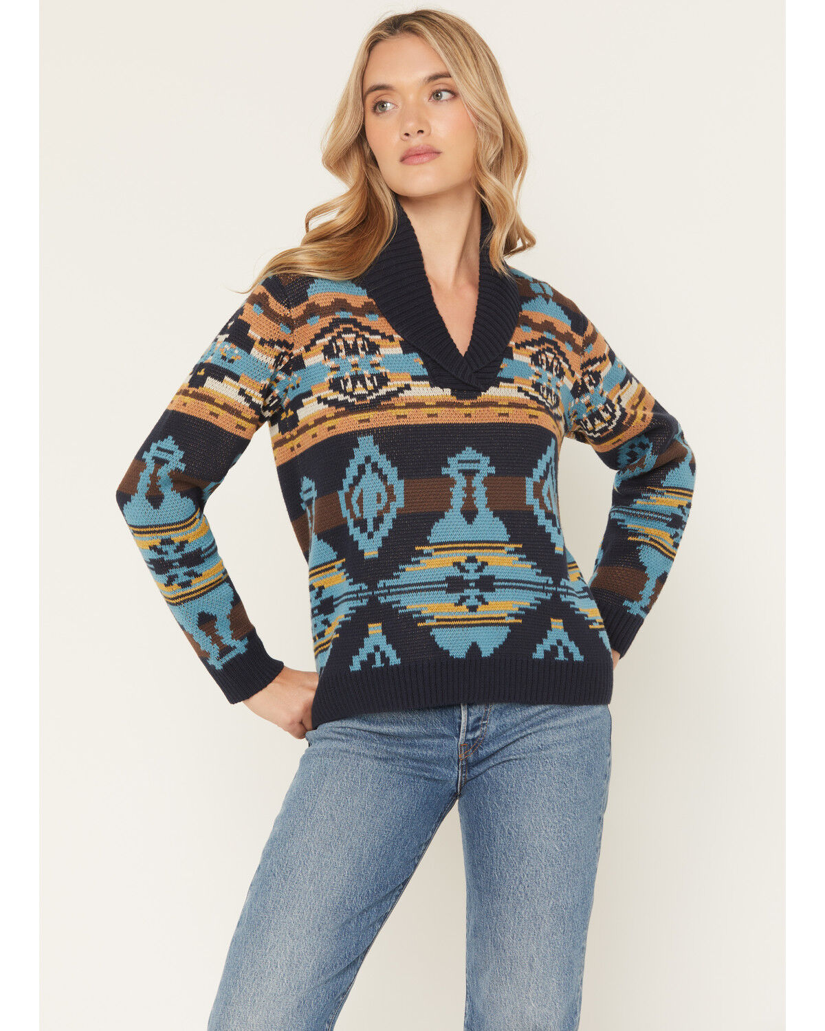 Image #1 - Shyanne Women's Southwestern Print Knit Sweater, Indigo, hi-res