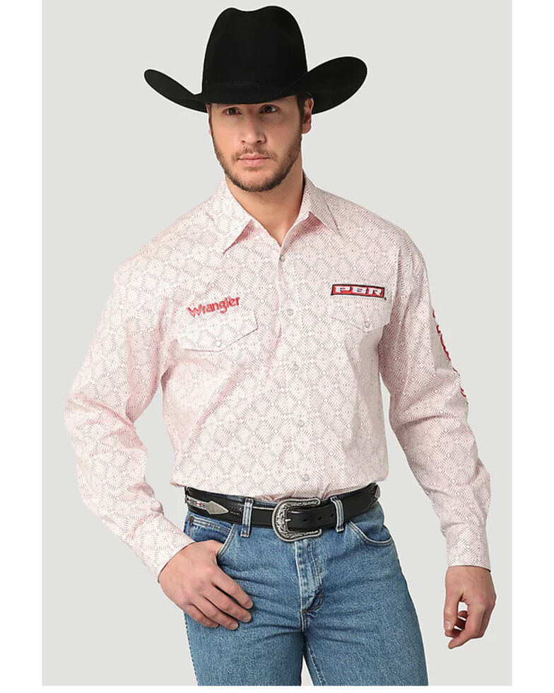 Wrangler Men's PBR Geo Embroidered Logo Long Sleeve Snap Western Shirt , Red, hi-res