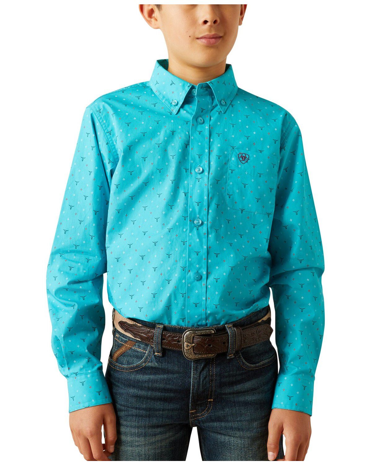 Image #1 - Ariat Boys' Steer Print Long Sleeve Button-Down Western Shirt, Blue, hi-res