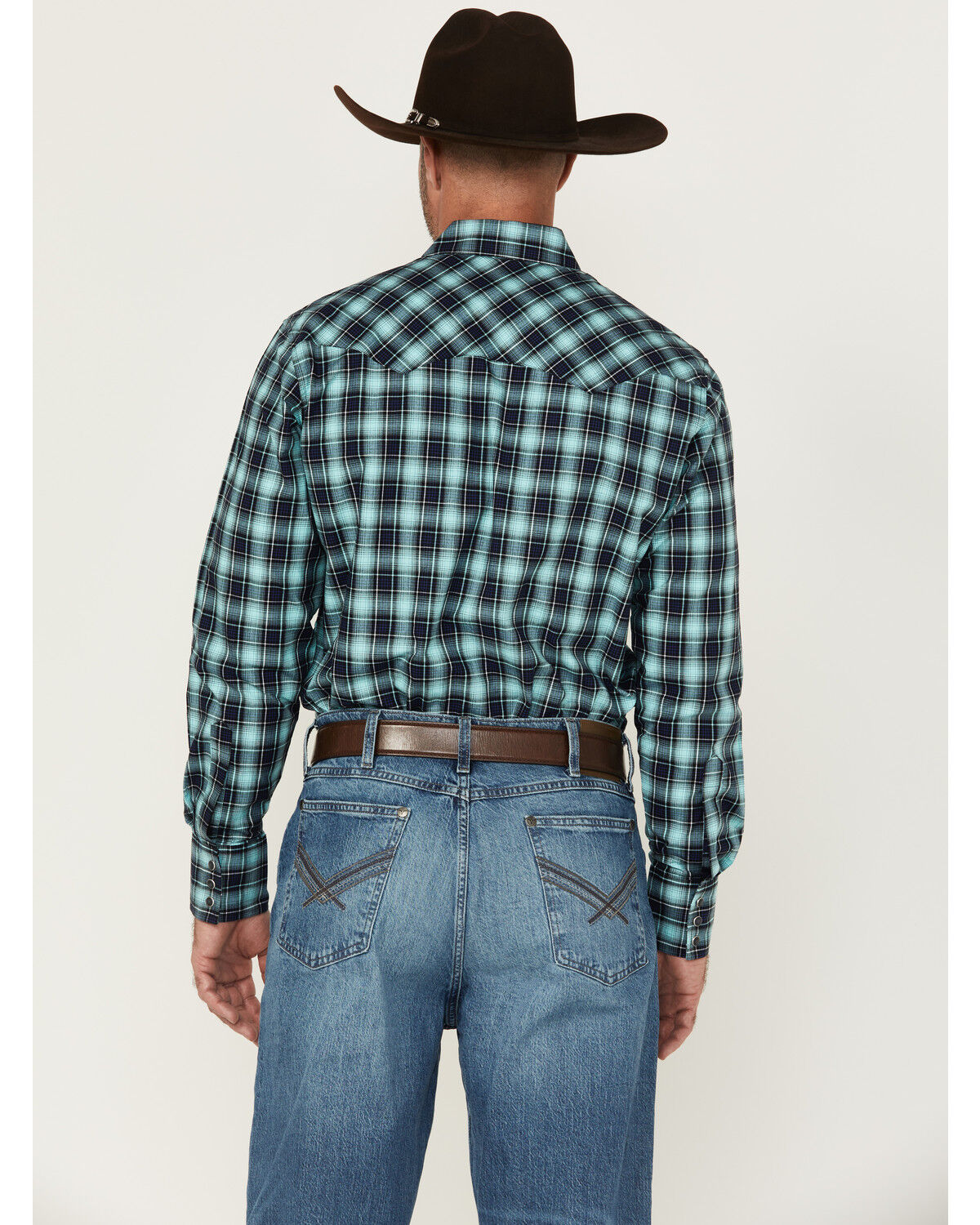 Image #4 - Wrangler Retro Men's Plaid Print Long Sleeve Snap Western Shirt, Turquoise, hi-res