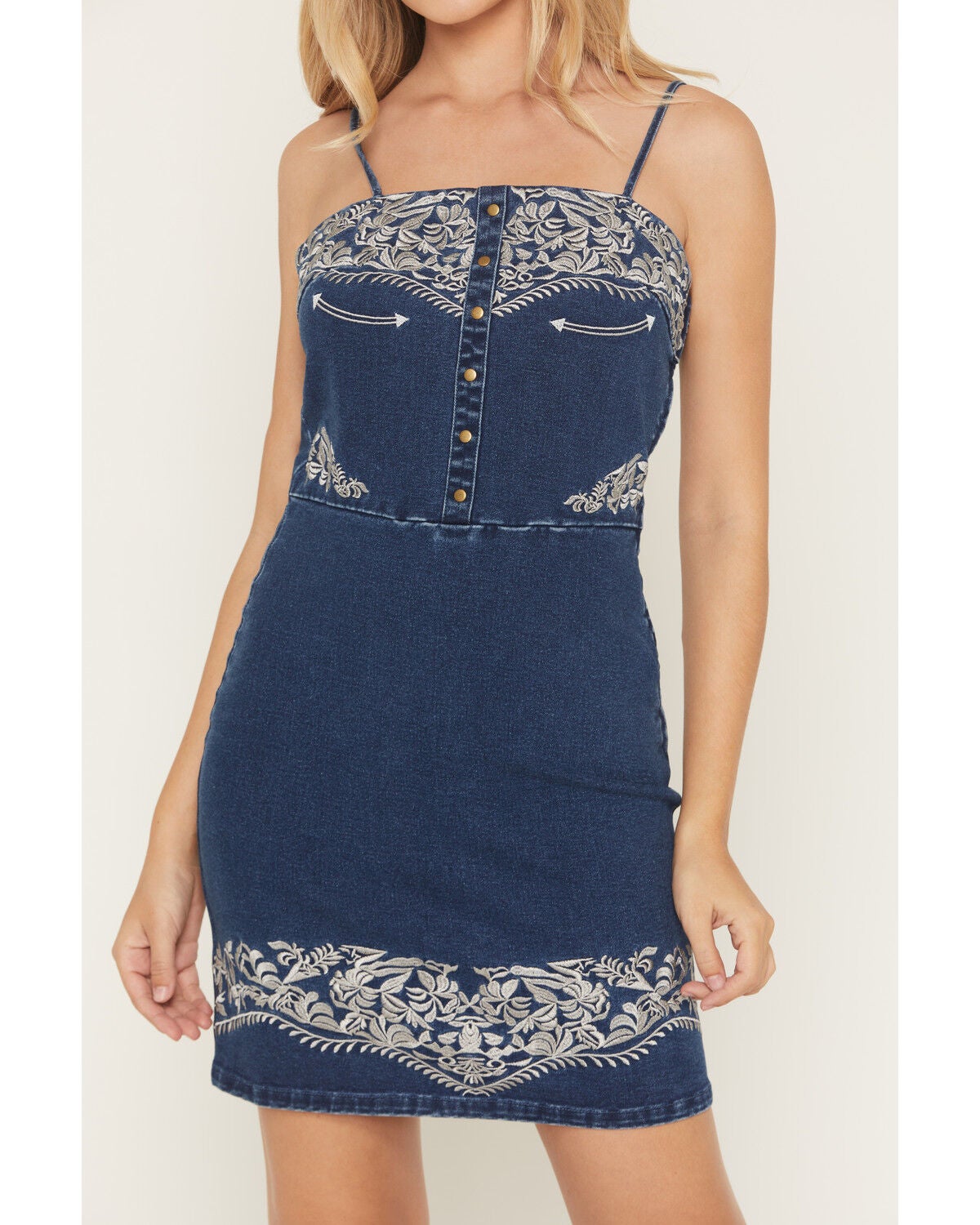 Image #3 - Blue B Women's Boot Barn Exclusive Sleeveless Western Embroidered Denim Mini Dress, Dark Wash, hi-res