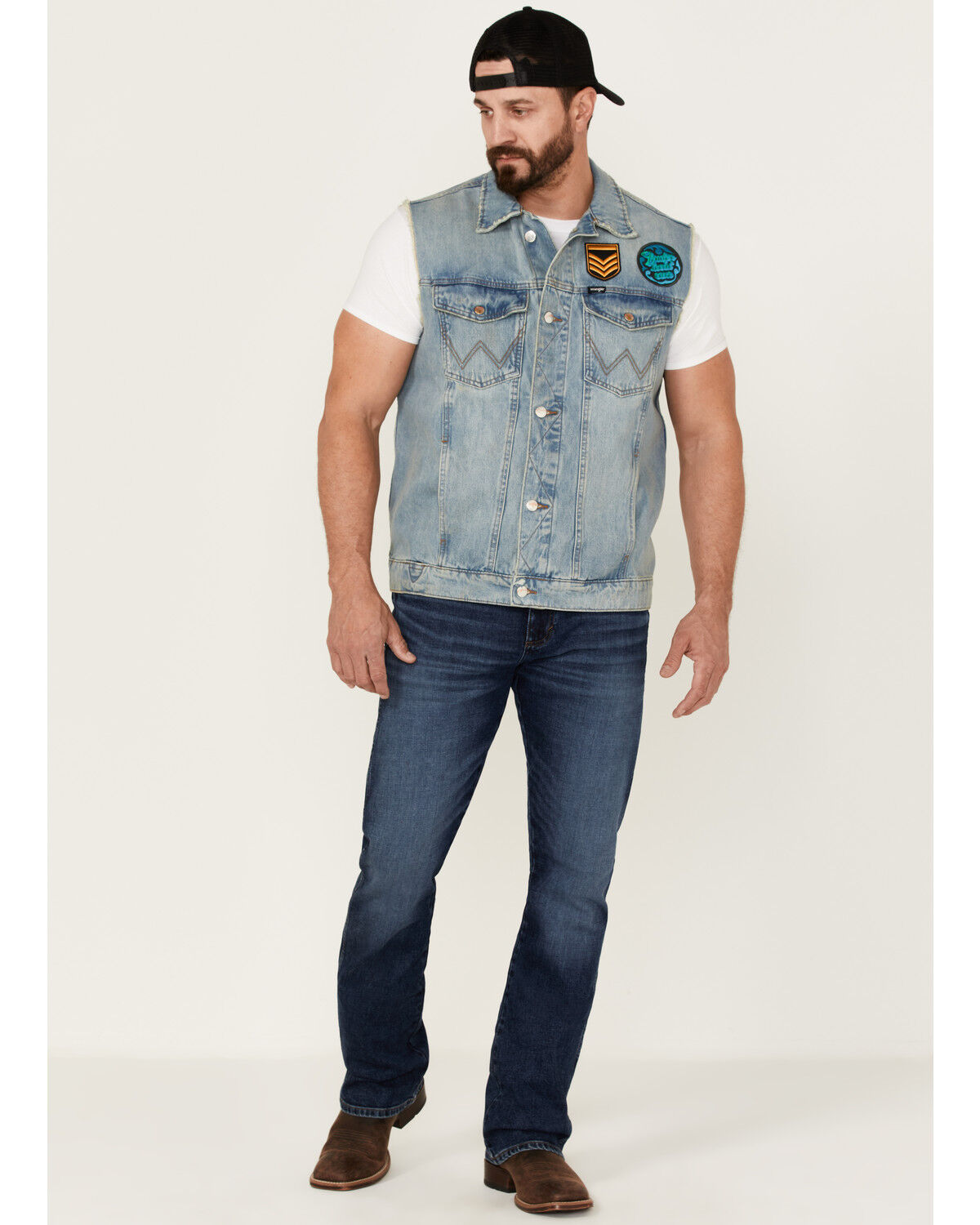 Image #2 - Wrangler X Fender Men's Cowboy Rockstar Patch Denim Vest, Indigo, hi-res
