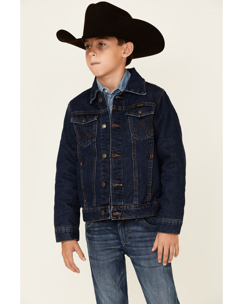 Wrangler Boys' Rodeo Medium Wash Stripe Lined Button-Front Denim Jacket , Indigo, hi-res