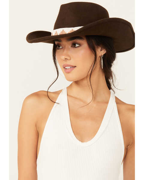 EBRICON Felt Cowboy Hat for Women Fashion White Pearl Belt Fedora Hat Pinch  Front Curved Brim Autumn Winter Cowgirl Hat