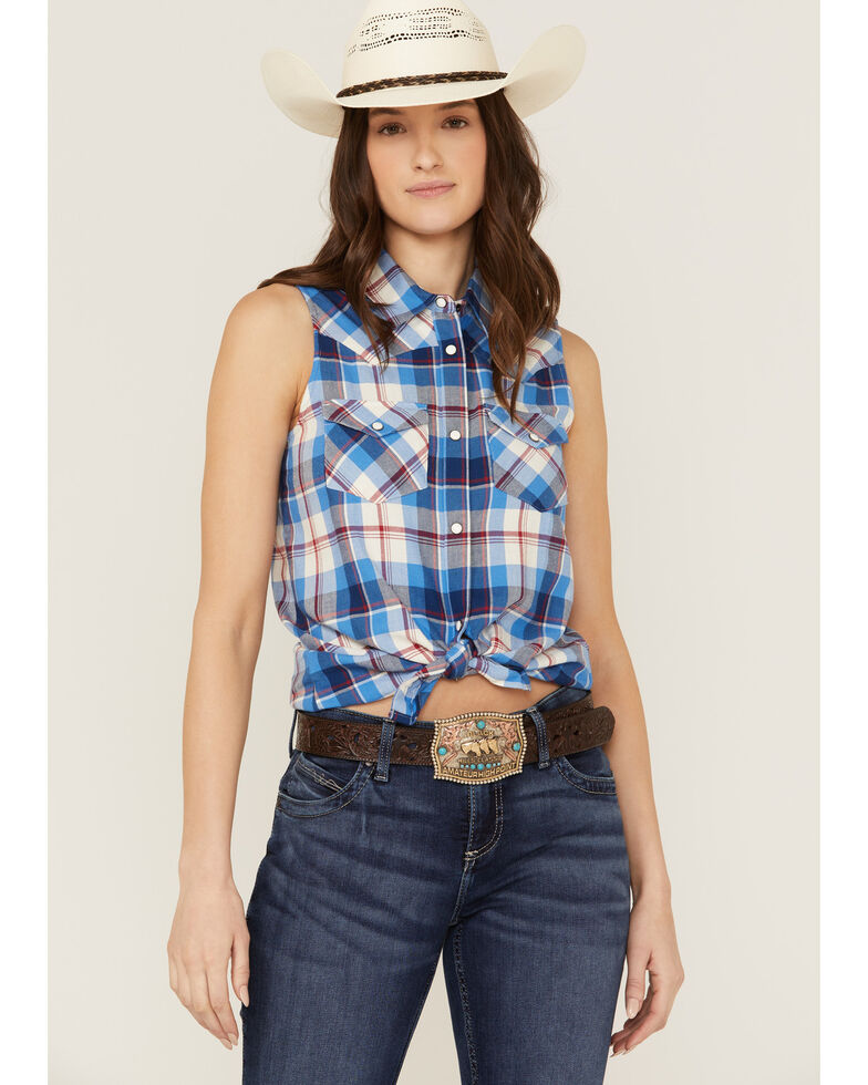 Rank 45 Women's Sleeveless Button Down Plaid Western Shirt , Blue, hi-res