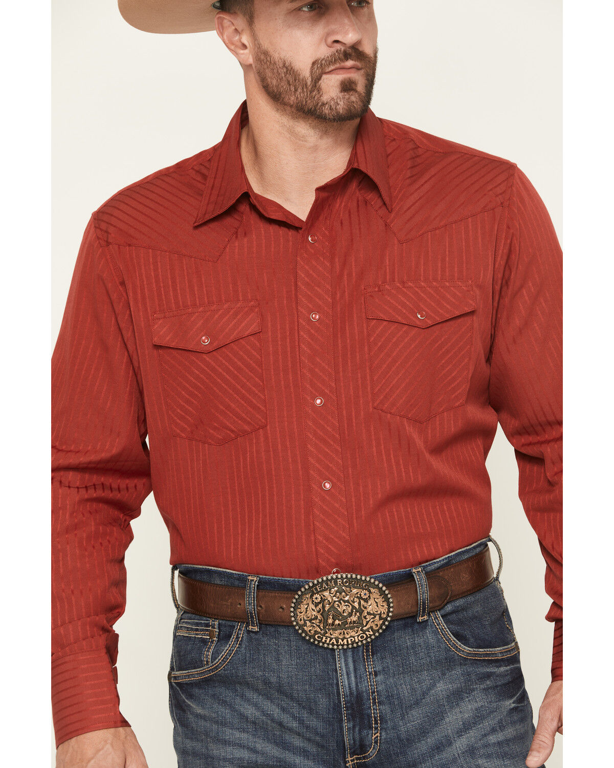 Image #3 - Wrangler Men's Tonal Striped Long Sleeve Pearl Snap Western Shirt, Burgundy, hi-res