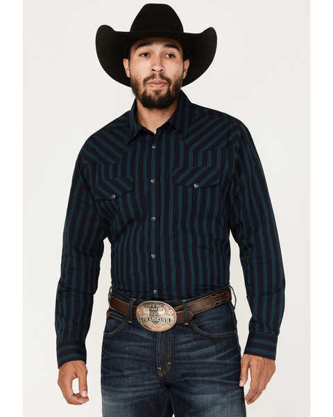 Image #1 - Gibson Men's Line Drive Striped Long Sleeve Snap Western Shirt , Navy, hi-res