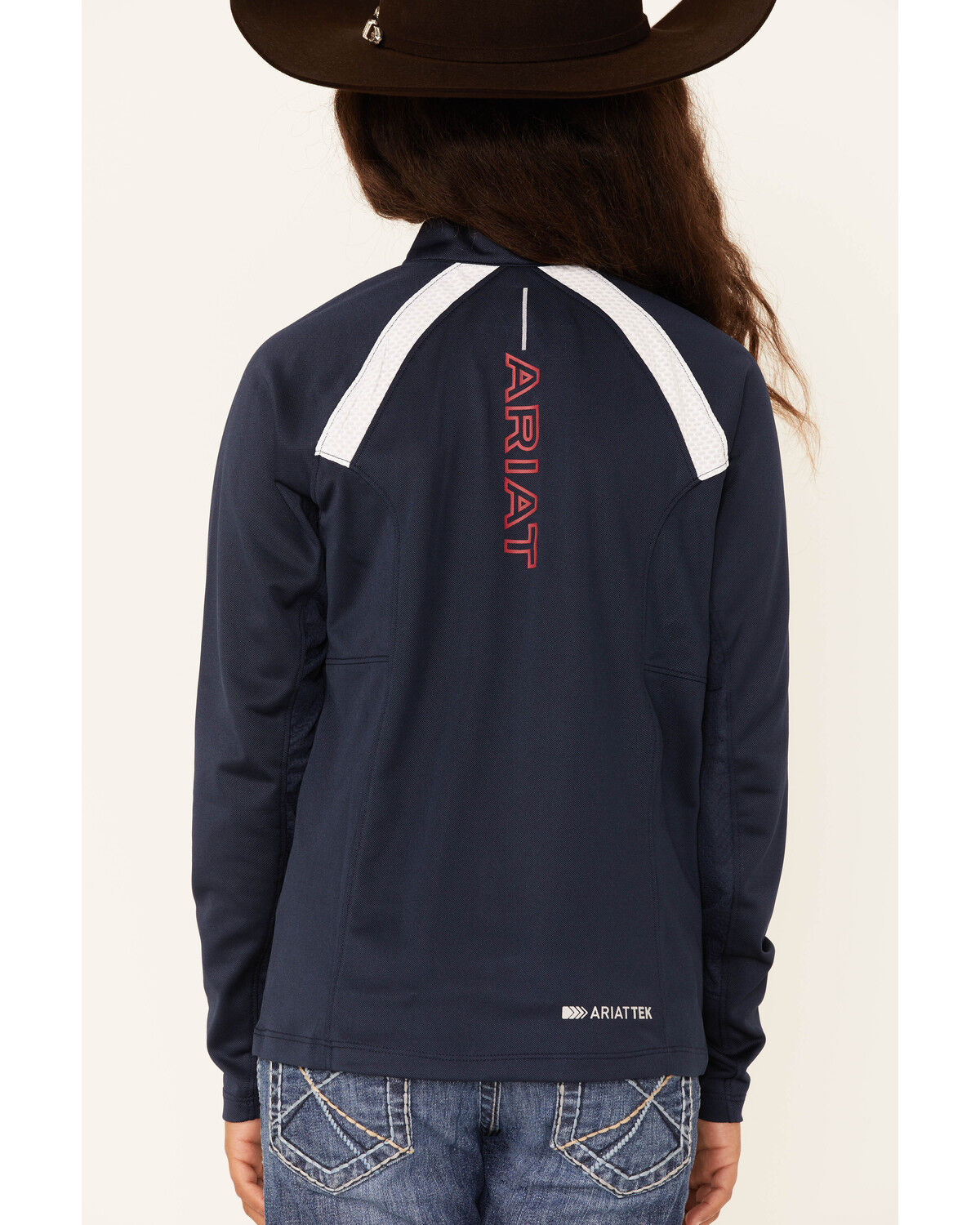 Image #4 - Ariat Girls' Team Solid Sunstopper 2.0 1/4 Zip Baselayer, Navy, hi-res