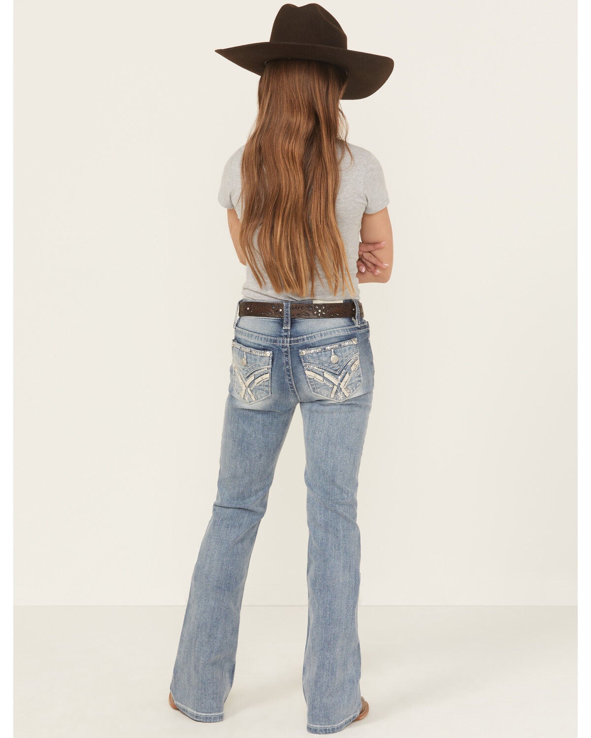 Miss Me Girls' Criss Cross Dark Wash Bootcut Stretch Denim Jeans, Medium Wash, hi-res