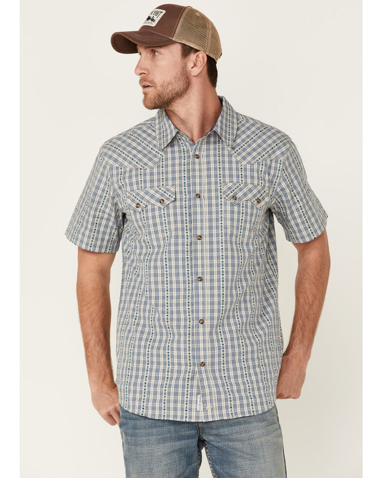 Moonshine Spirit Men's Santa Fe Dobby Plaid Short Sleeve Snap Western Shirt , Tan, hi-res