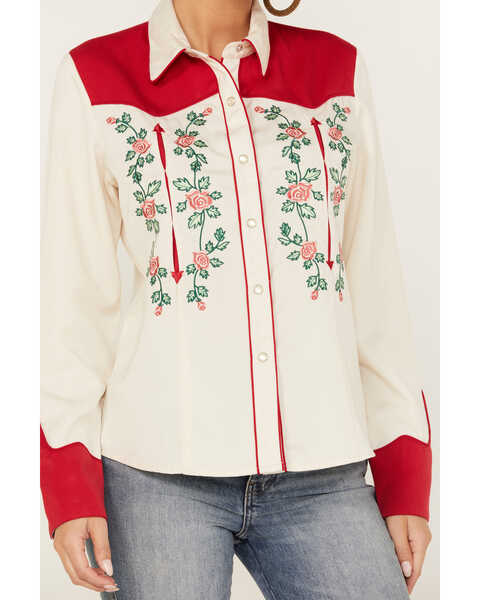 Image #3 - Scully Women's Floral Embroidered Long Sleeve Western Pearl Snap Shirt, Ivory, hi-res