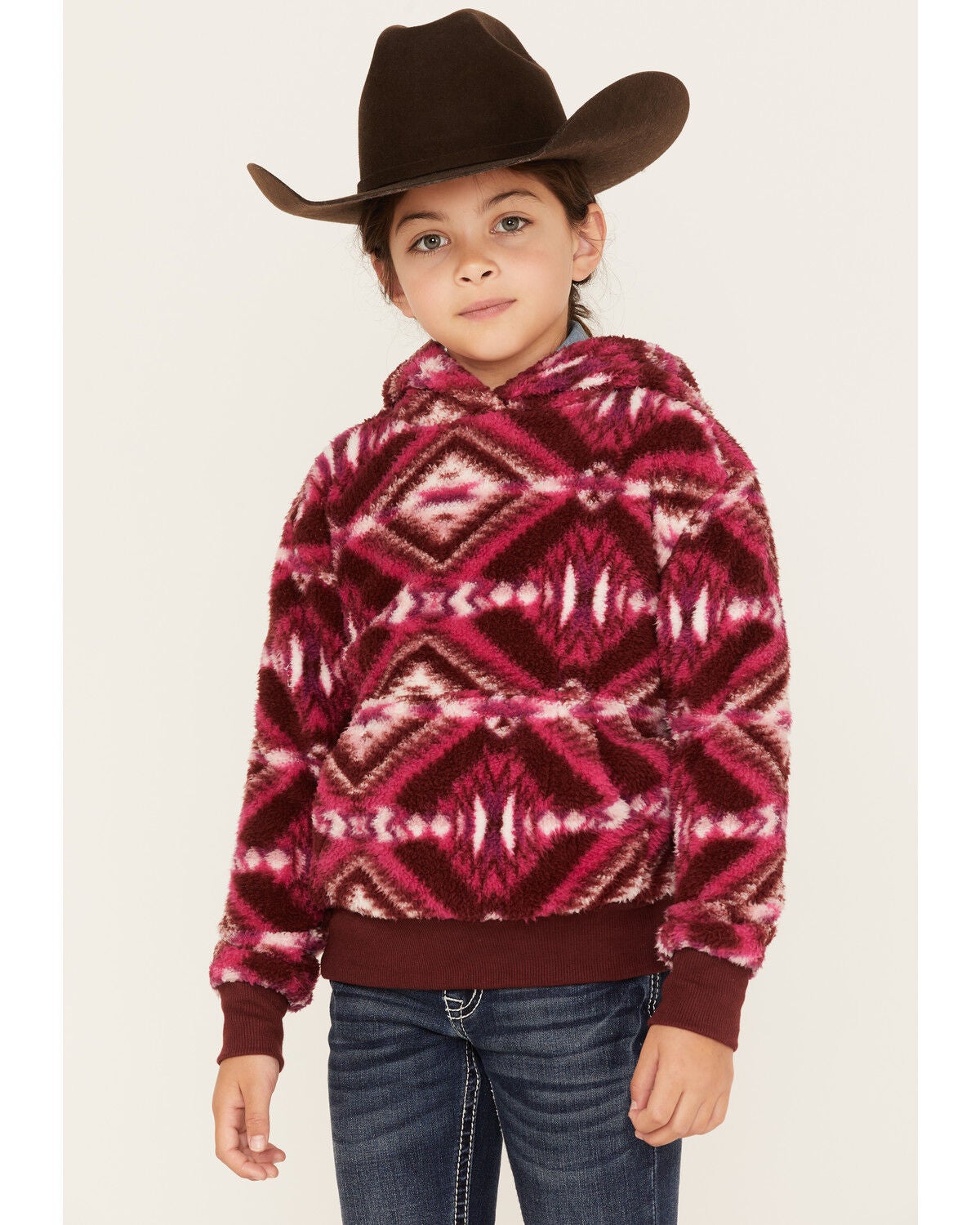 Shyanne Girls' Southwestern Print Fleece Hoodie, Wine, hi-res