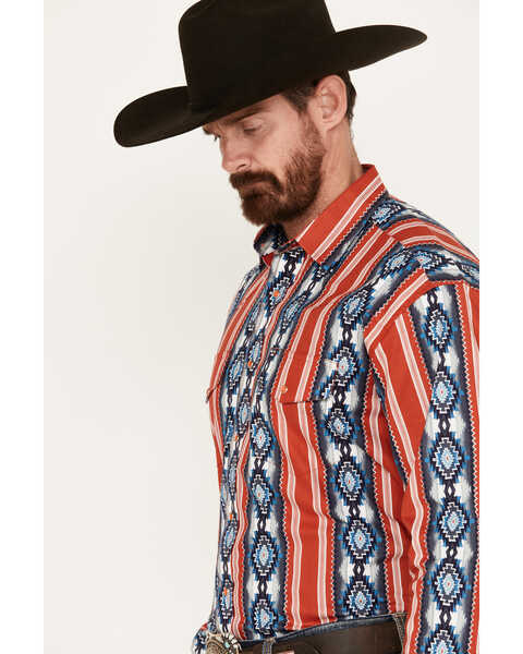 Image #2 - Wrangler Men's Southwestern Print Long Sleeve Pearl Snap Western Shirt, Red, hi-res