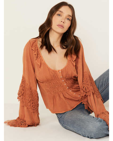 Image #1 - Scully Women's Long Sleeve Crochet Lace Trim Top, Rust Copper, hi-res