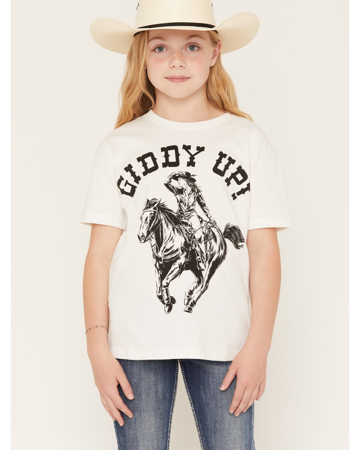 Image #1 - Wrangler X Lainey Wilson Girls' Giddy Up Short Sleeve Graphic Tee, White, hi-res