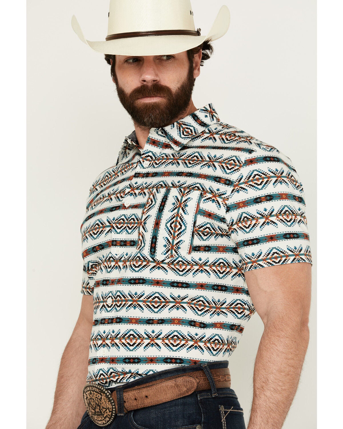 Image #2 - RANK 45&reg; Men's Resurrection Southwestern Print Short Sleeve Button-Down Performance Stretch Western Shirt, Ivory, hi-res
