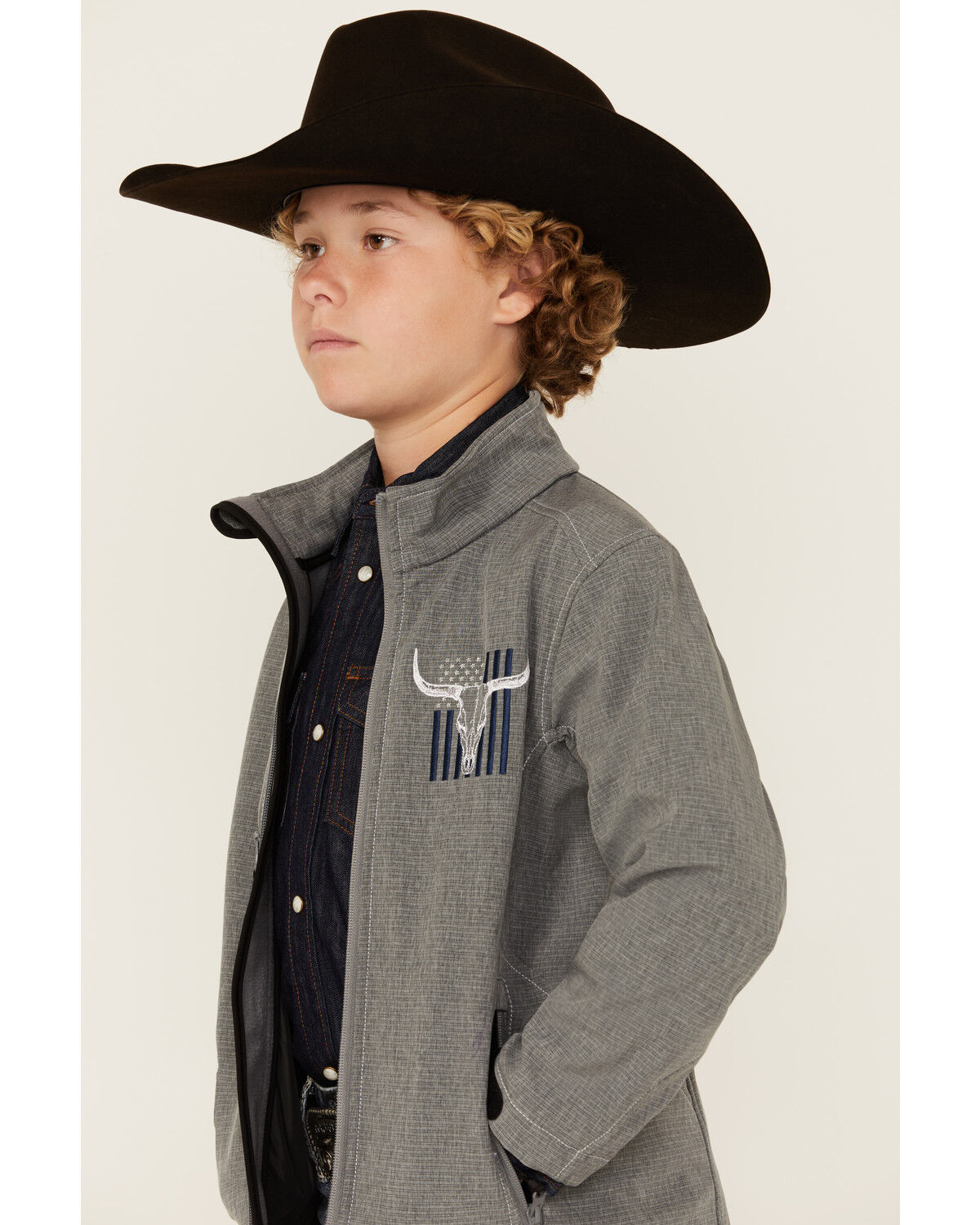 Image #2 - Cowboy Hardware Boys' Skull Flag Softshell Jacket, Grey, hi-res