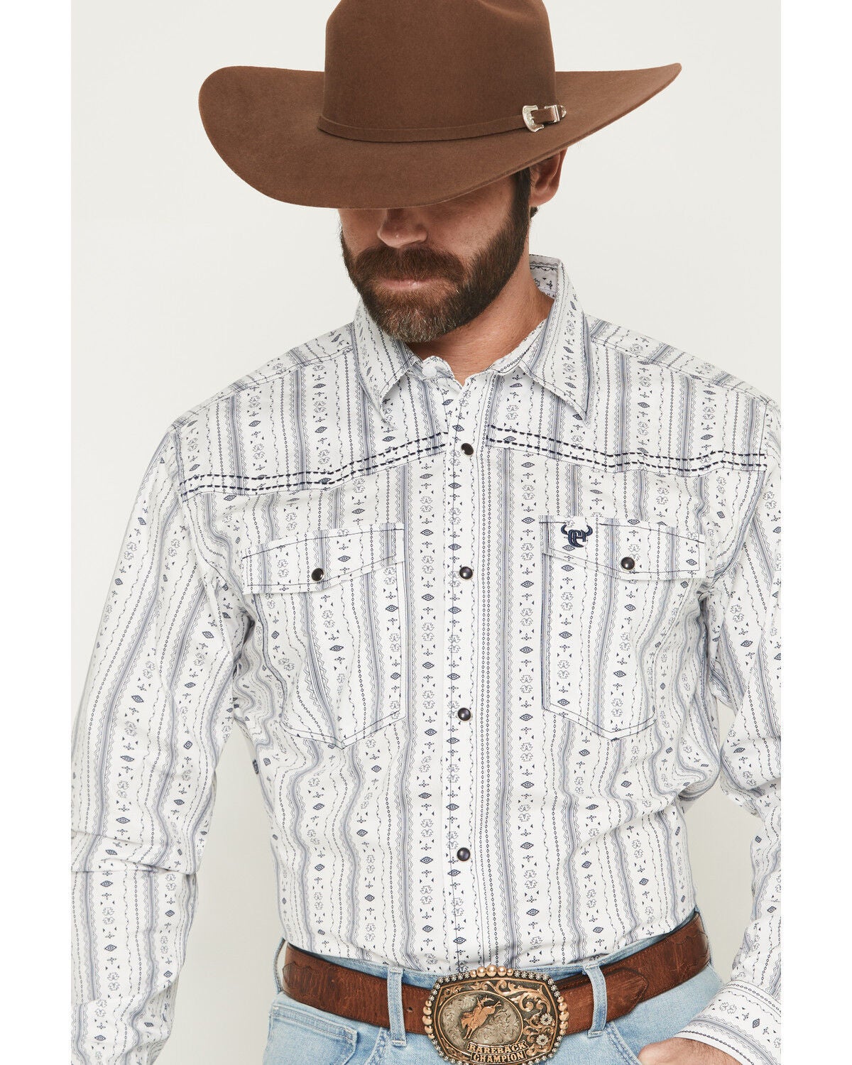 Image #2 - Cowboy Hardware Men's Southwestern Stripe Print Long Sleeve Snap Stretch Western Shirt, White, hi-res