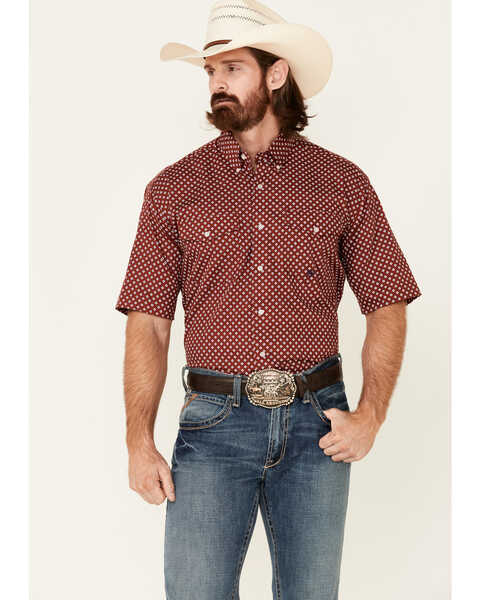 Roper Men's American Blues Diamond Geo Print Short Sleeve Button Down Western Shirt , Red, hi-res