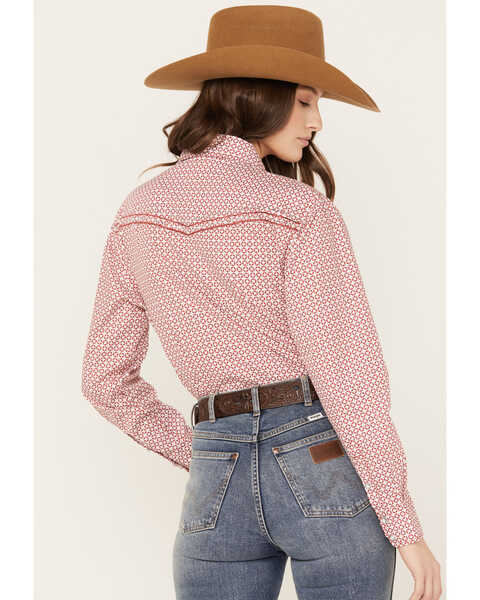 Image #4 - Cowgirl Hardware Women's Geo Print Long Sleeve Western Pearl Snap Shirt, Burgundy, hi-res