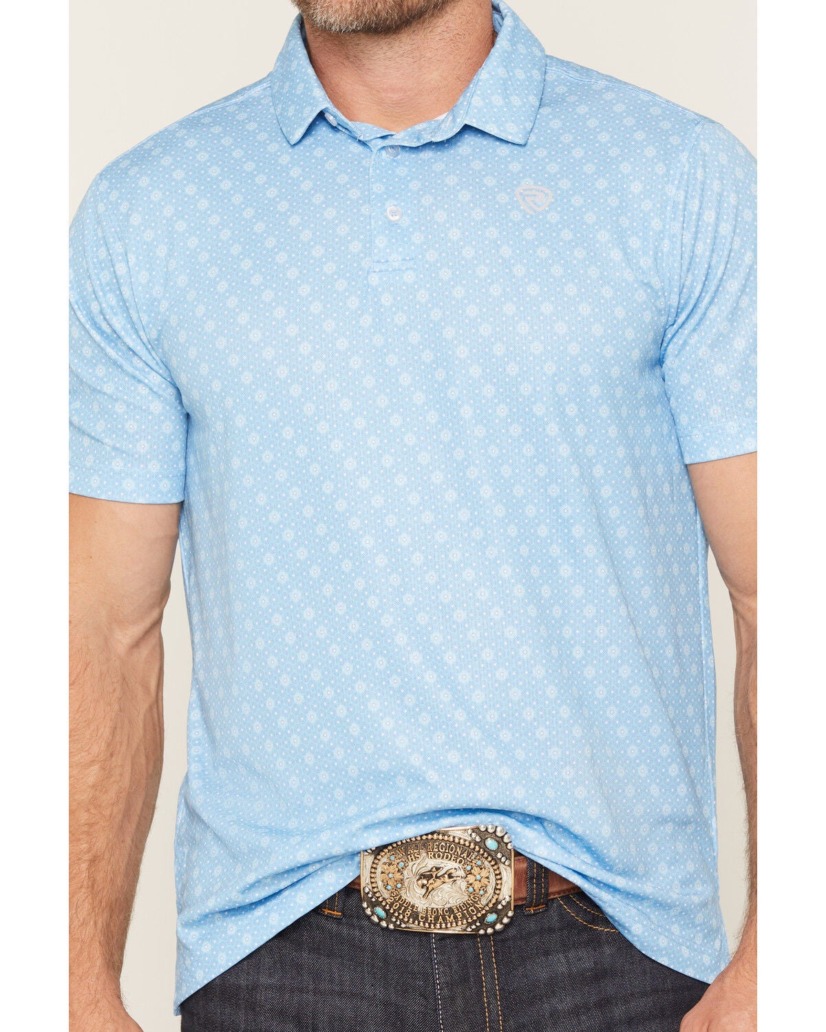 Image #3 - Rock & Roll Denim Men's Geo Print Short Sleeve Button-Down Stretch Polo, Blue, hi-res