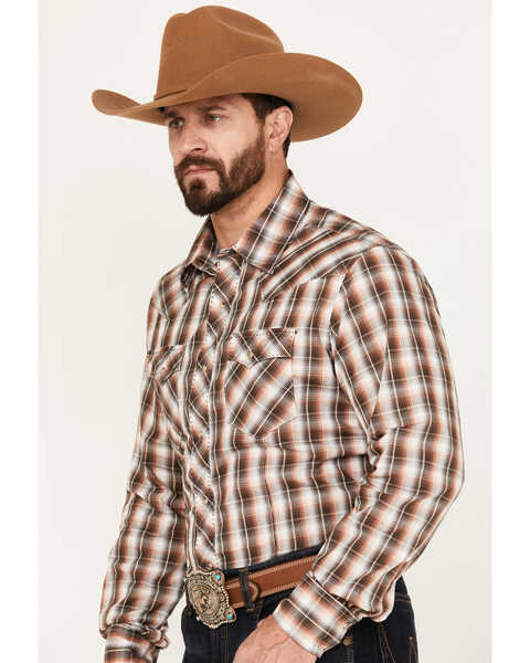 Image #2 - Wrangler Men's Plaid Print Long Sleeve Western Snap Shirt, Brown, hi-res