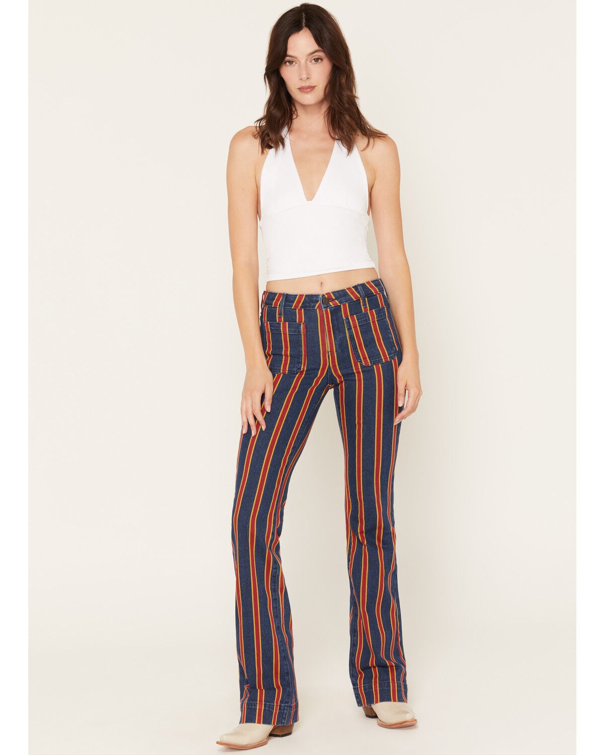 Image #1 - Wrangler Women's Off To The Races Mid Rise Stripe Rainbow Flare Stretch Denim Jeans, Multi, hi-res