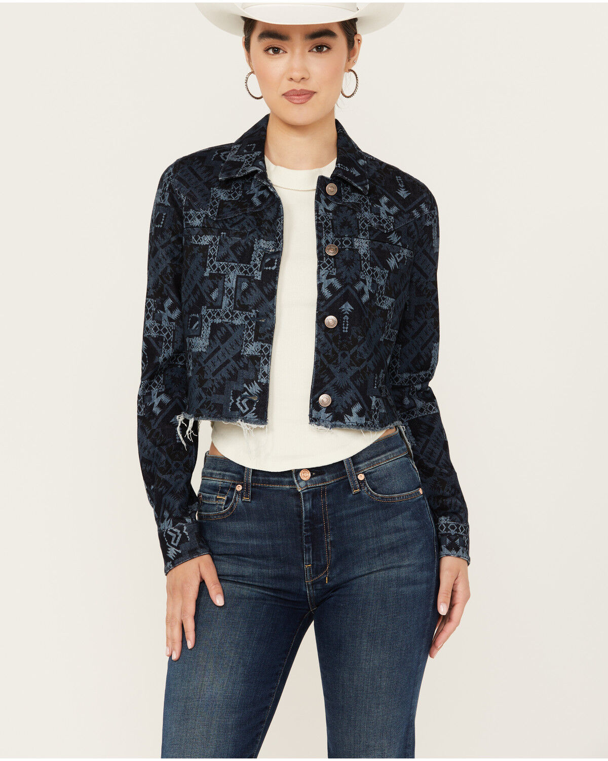Image #1 - Shyanne Women's Printed Cropped Frayed Jacket, Dark Wash, hi-res
