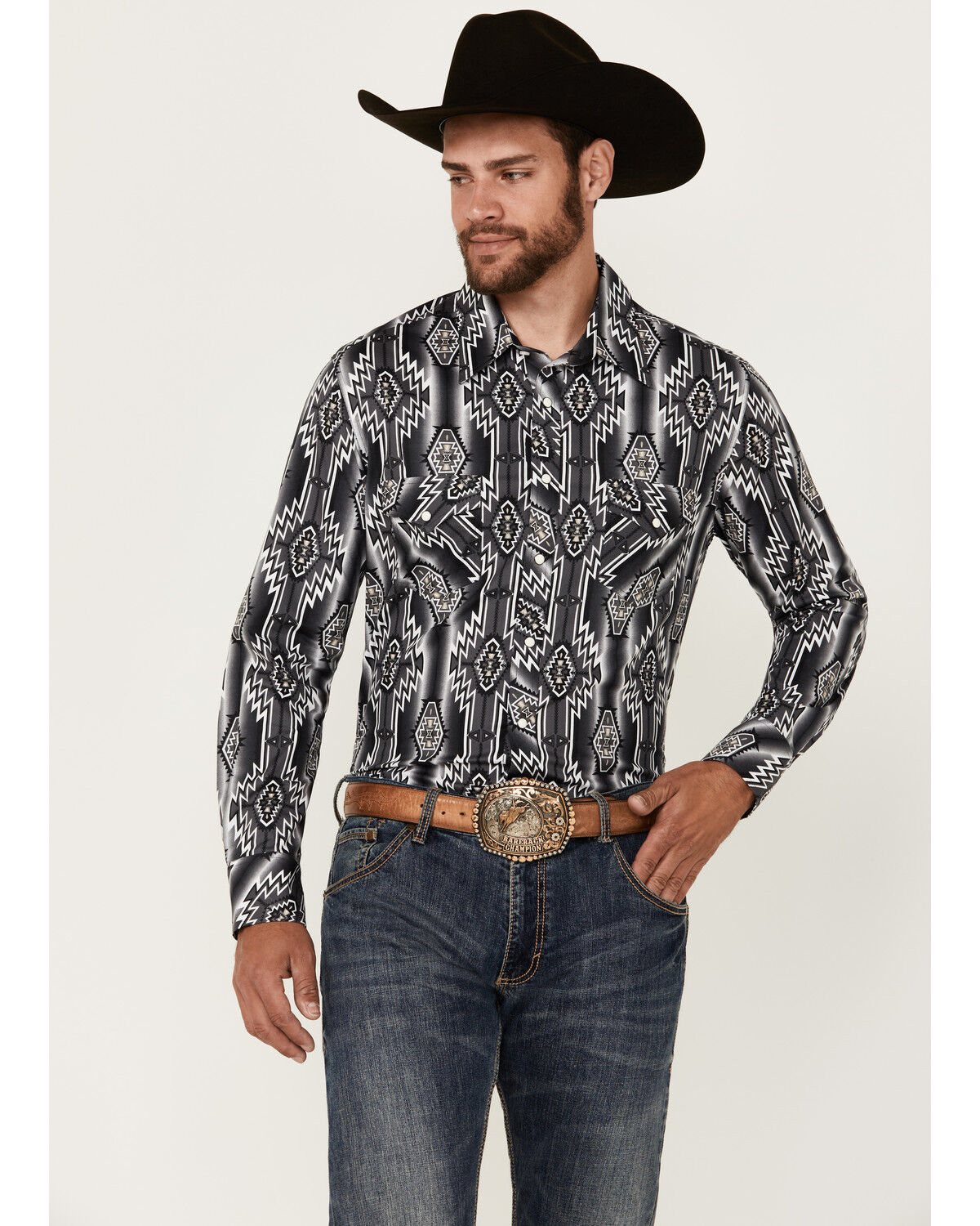 Image #1 - Rock & Roll Denim Men's Southwestern Print Long Sleeve Snap Stretch Western Shirt, Black, hi-res