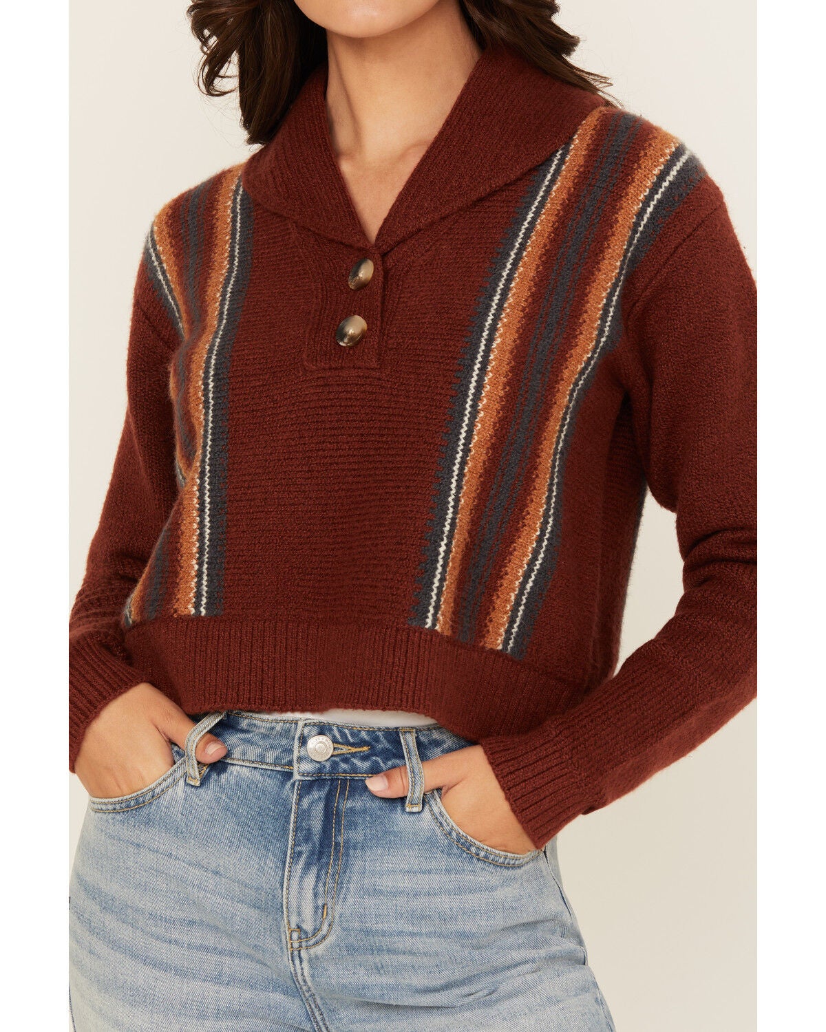 Image #3 - Cleo + Wolf Women's Collette Striped Print Long Sleeve Sweater, Brandy Brown, hi-res