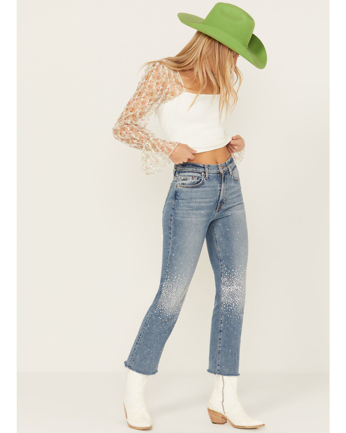 Image #1 - 7 For All Mankind Women's Medium Wash Logan Stovepipe High Rise Crystal Cropped Stretch Straight Jeans, Medium Wash, hi-res