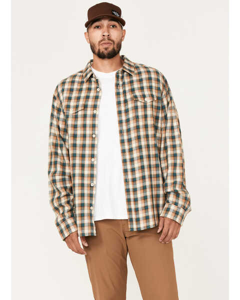 Image #1 - Brothers and Sons Men's Casual Plaid Print Long Sleeve Button Down Western Flannel Shirt , Teal, hi-res