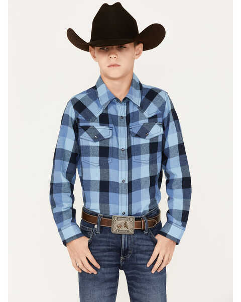 Cody James Youth Boys' Plaid Print Long Sleeve Snap Western Flannel Shirt, Navy, hi-res