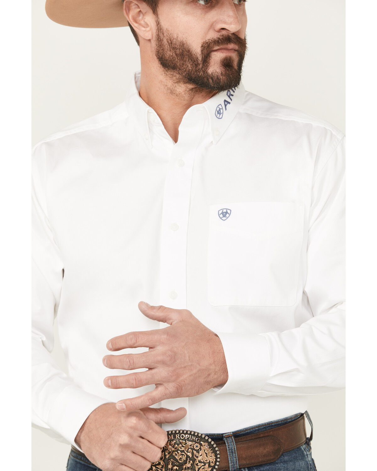 Image #2 - Ariat Men's Team Logo Solid Long Sleeve Button-Down Western Shirt, White, hi-res