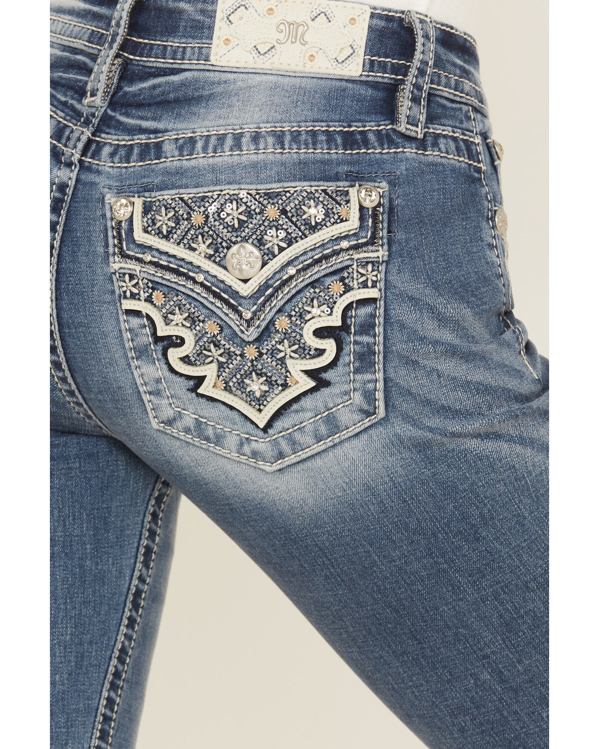 Image #2 - Miss Me Women's Dark Wash Mid Rise Patchwork Flap 32" Bootcut Stretch Denim Jeans, Dark Wash, hi-res