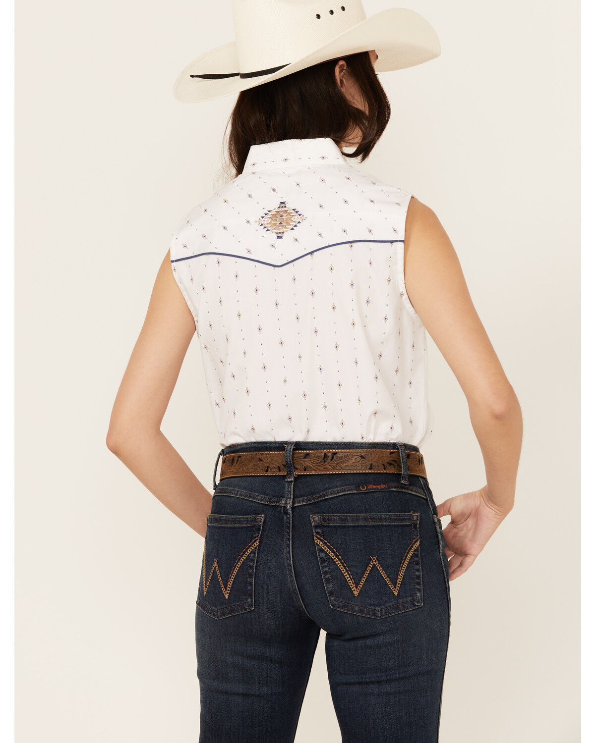 Image #4 - Ely Walker Women's Southwestern Print Sleeveless Pearl Snap Western Shirt, White, hi-res