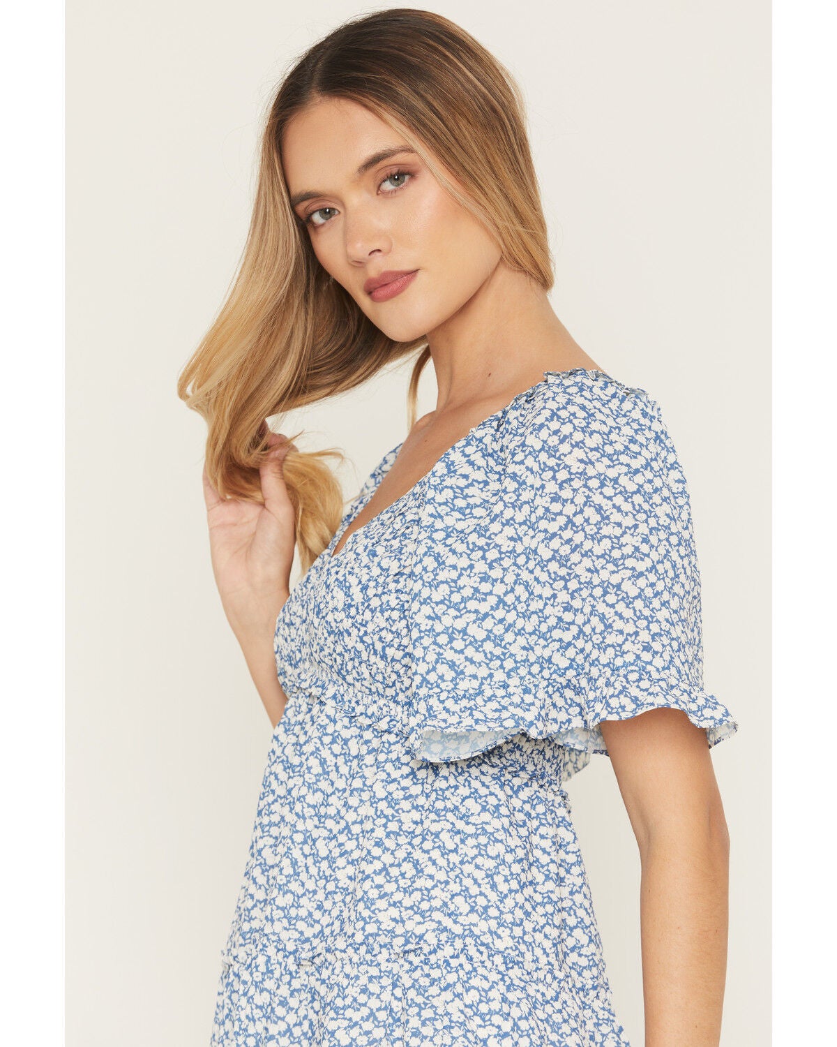 Image #2 - Yura Women's Boot Barn Exclusive Floral Print Smocked Front Tiered Mini Dress, Blue, hi-res