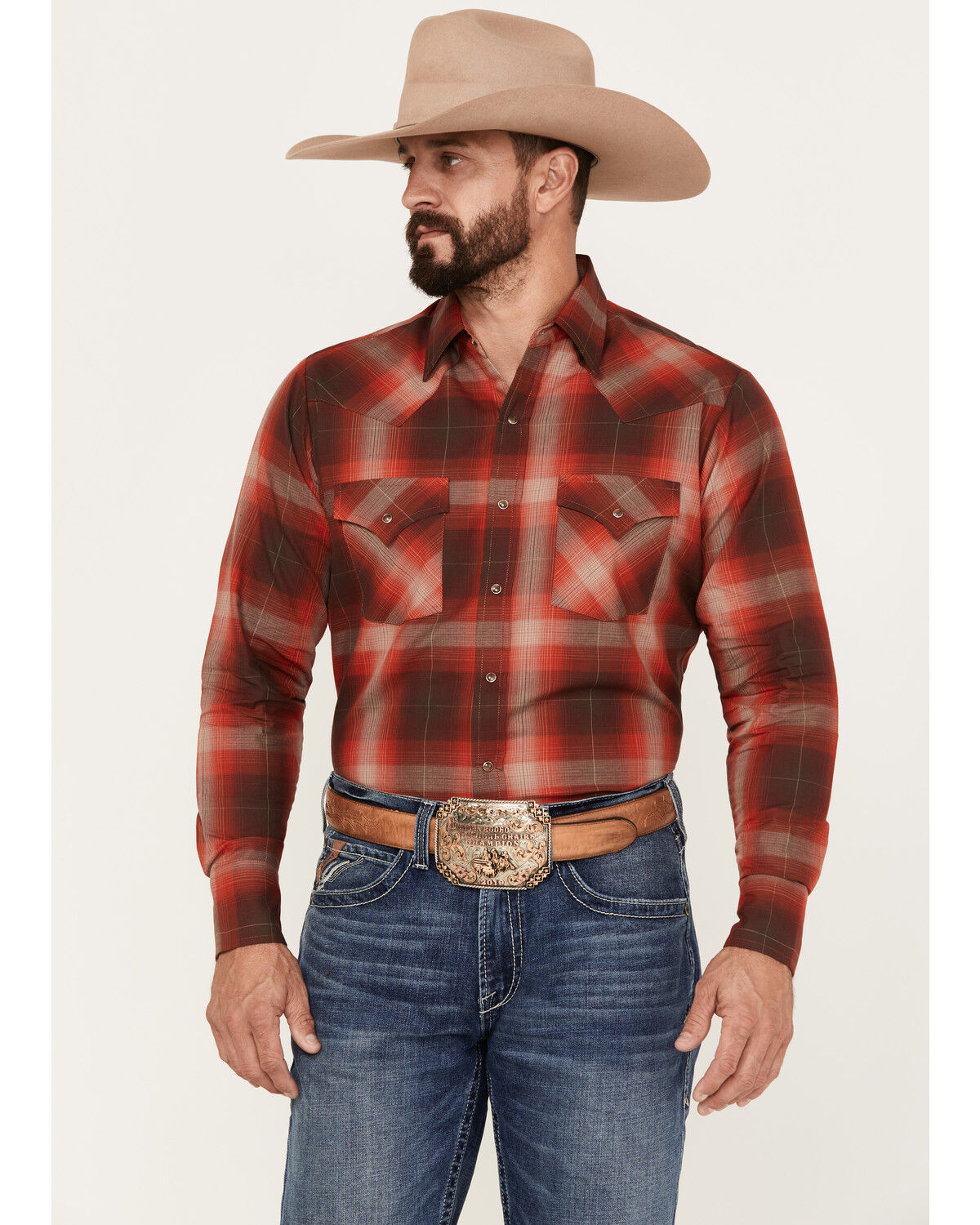 Image #1 - Ely Walker Men's Plaid Print Long Sleeve Snap Western Shirt, Rust Copper, hi-res