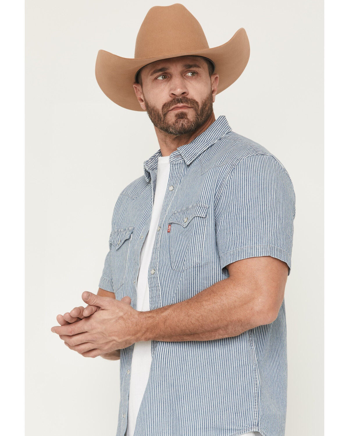 Image #2 - Levi's Men's Classic Picadilly Striped Short Sleeve Snap Western Shirt, Navy, hi-res