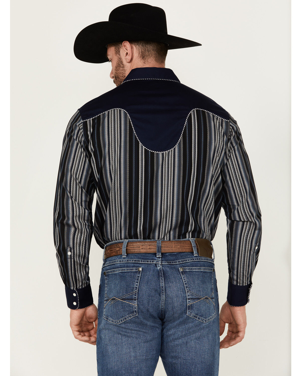 Image #4 - Wrangler Men's Rodeo Ben Striped Long Sleeve Snap Western Shirt, Navy, hi-res