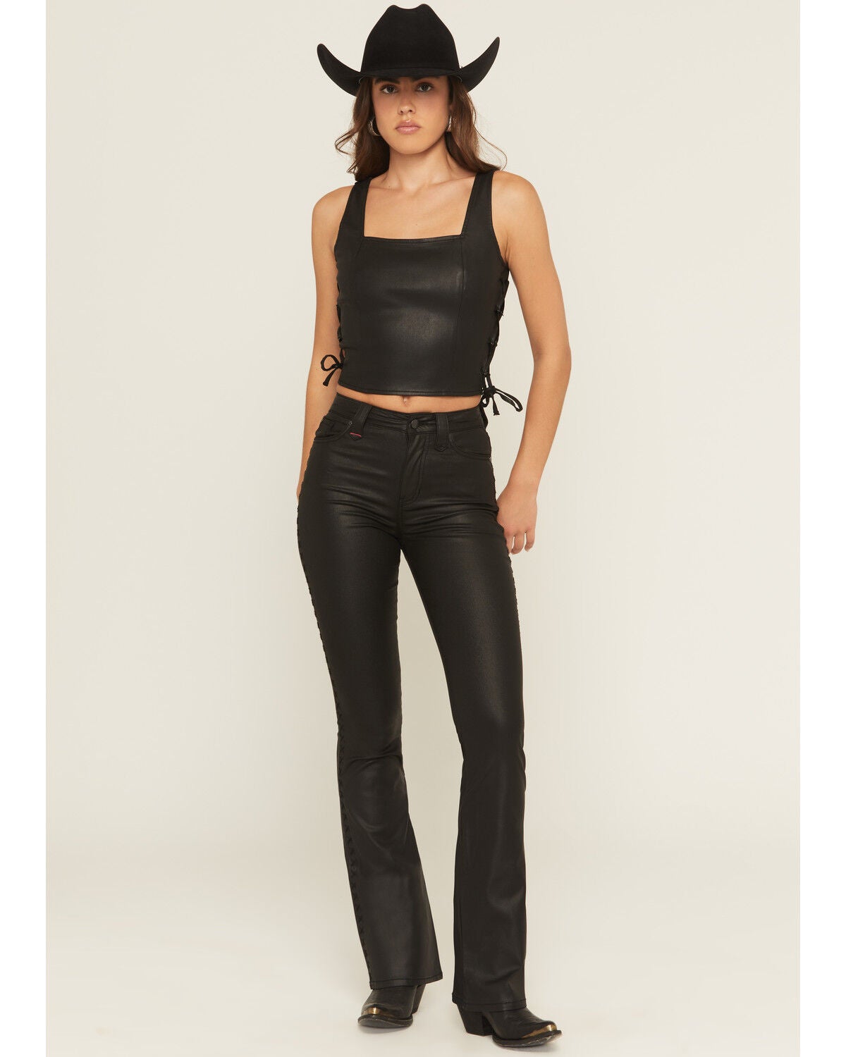 Image #1 - Idyllwind Women's Legend High Rise Coated Bootcut Lace-Up Detail Super Stretch Jeans, Black, hi-res