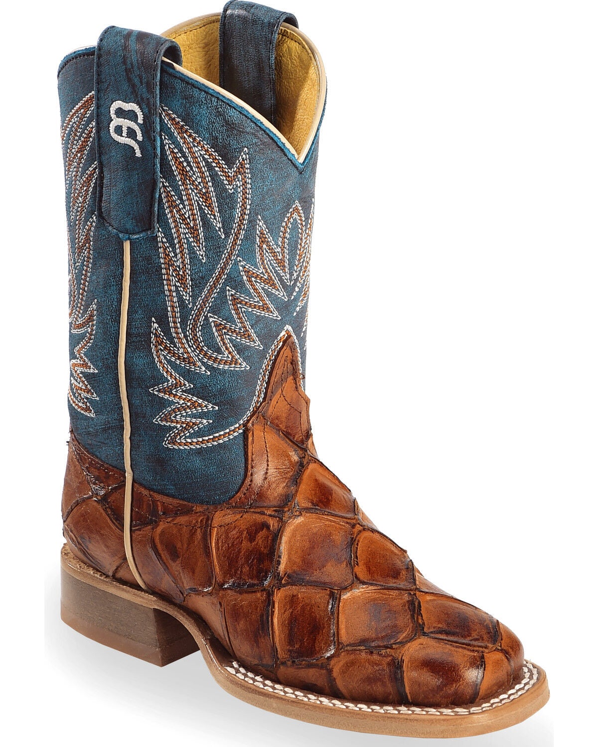 Horse Power Boys' Seas the Day Fish Print Boots - Square Toe, Cognac, hi-res